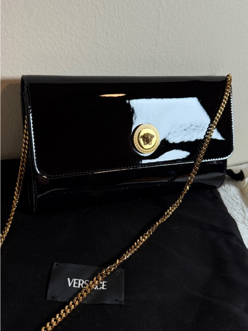 Versace Black Patent Leather Clutch on chain with Gold Medusa Button - Picture 2 of 6